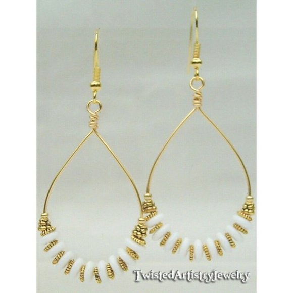 White Czech Glass Beaded Gold Teardrop Hoop Earrings One-of-a-Kind Handmade - Picture 2 of 3
